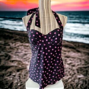 Smart & Sexy Swim, retro tankini top, size 36C, full bra, halter tie, EUC